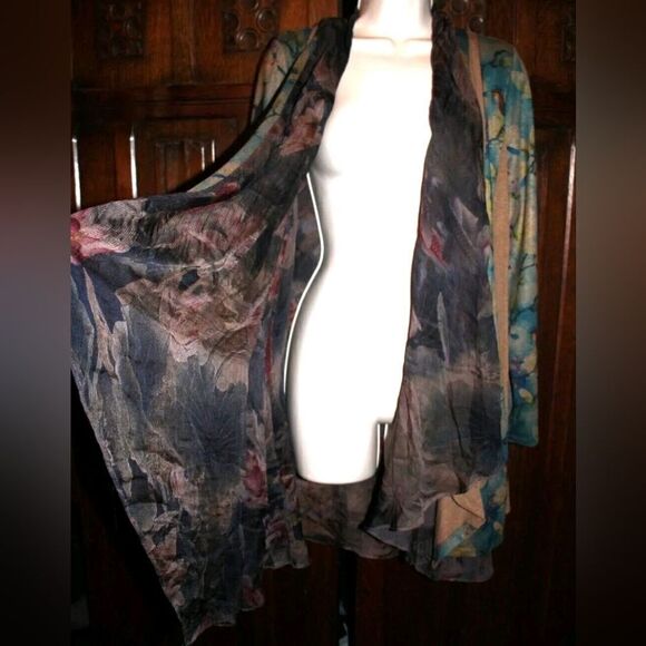 Soft Surroundings L Multclr Women Duster Cardigan  Layers Open Front Floral Bird - Picture 11 of 13